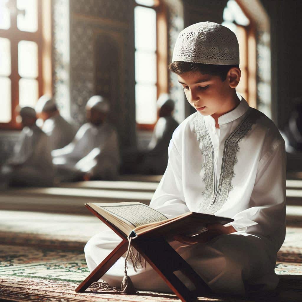 a kid in a mosque reading Quran via Quran Recitation Course wearing long white clothes in USA, UK, Canada, Australia with Hekma Academy