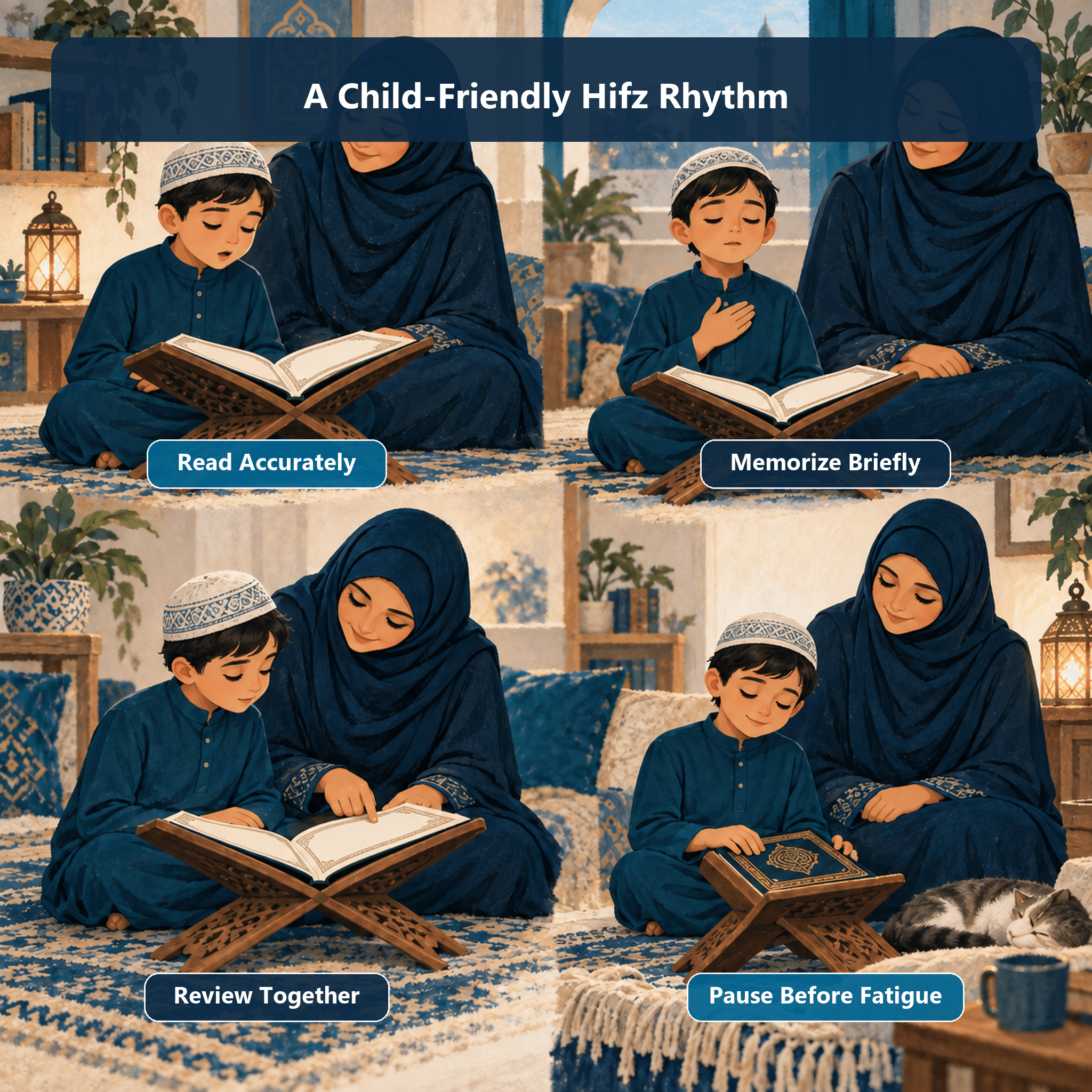 Illustration of a child-friendly Hifz rhythm with accurate reading, brief memorization, shared review, and rest