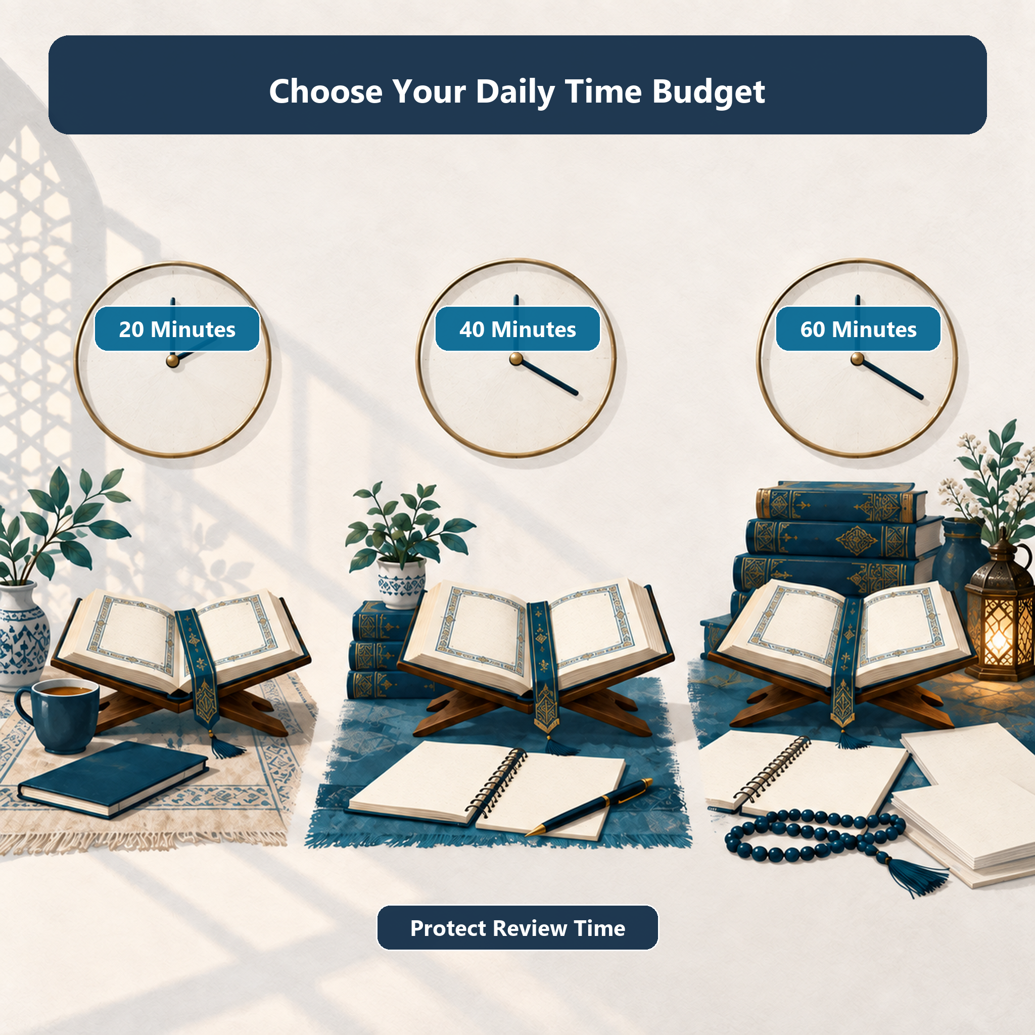 Illustration comparing 20-minute, 40-minute, and 60-minute Quran memorization time budgets
