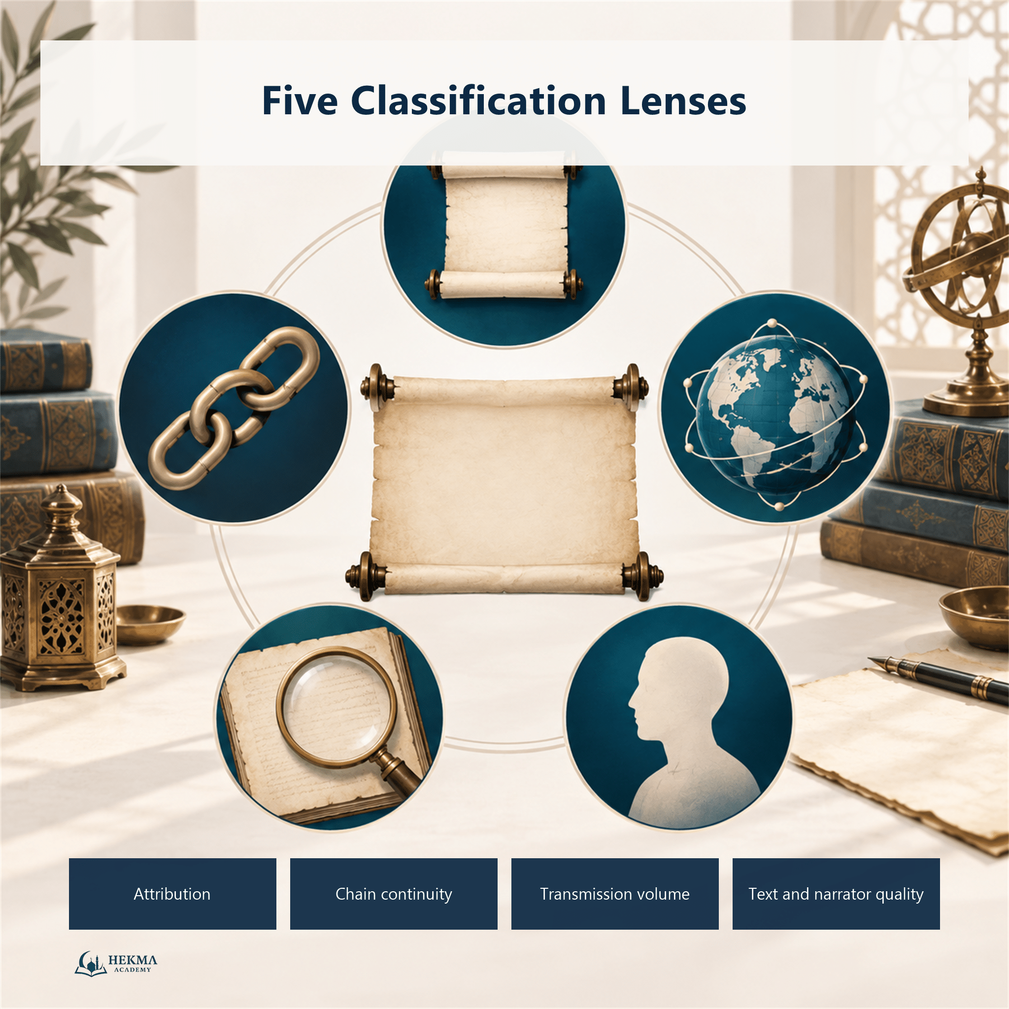 Five classification lenses around one central narration card