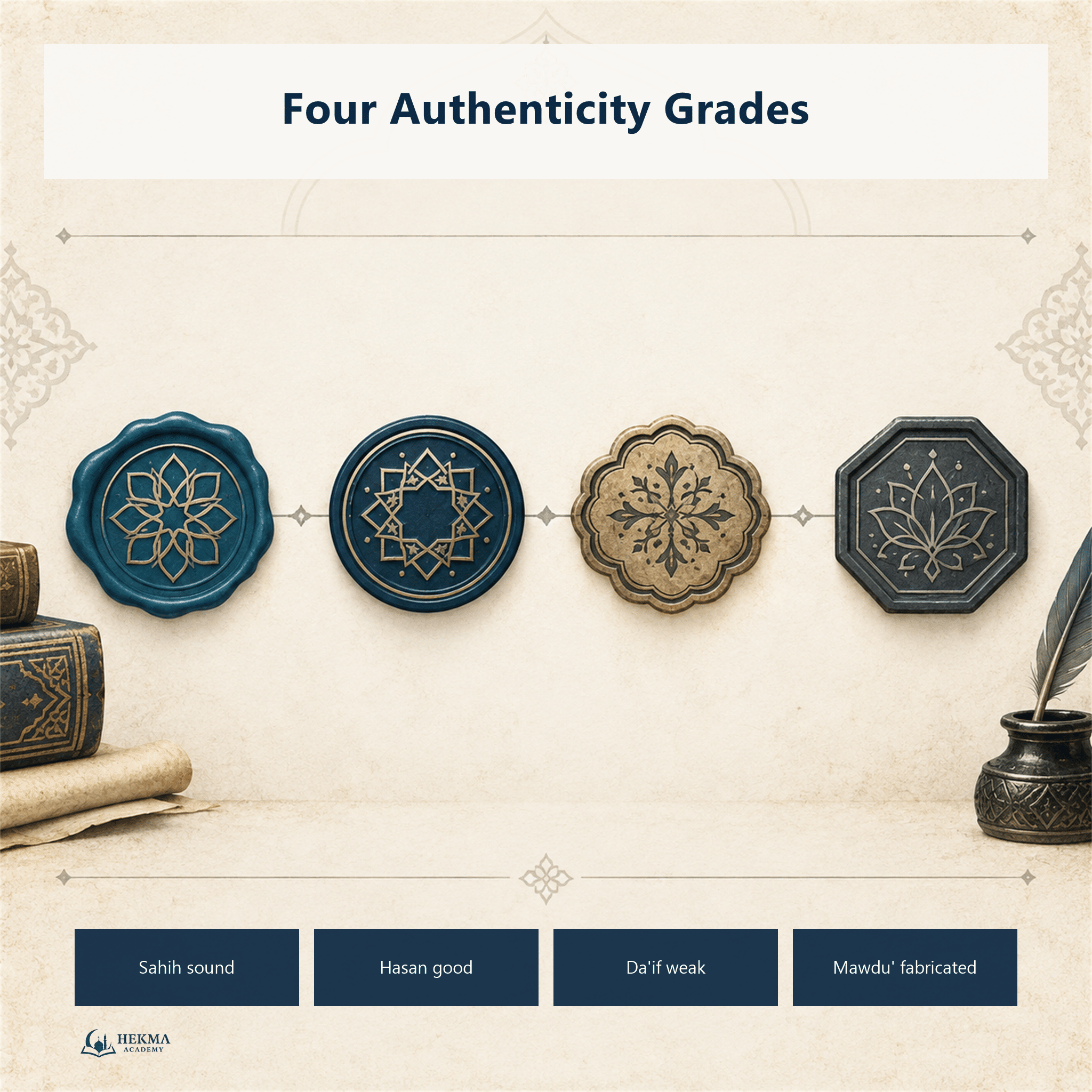 Four archival seals representing Sahih, Hasan, Da'if, and Mawdu' authenticity grades