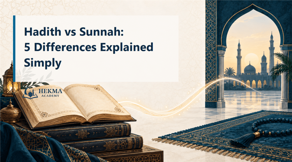 Hadith vs Sunnah guide cover showing transmitted knowledge and Prophetic guidance