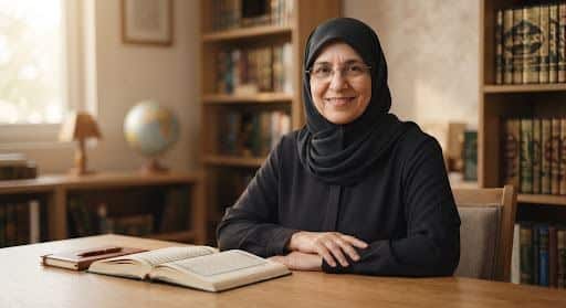Female Quran tutor seated with an open book