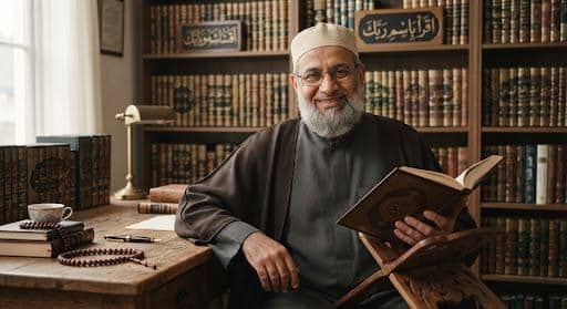 Male Quran tutor seated in a library