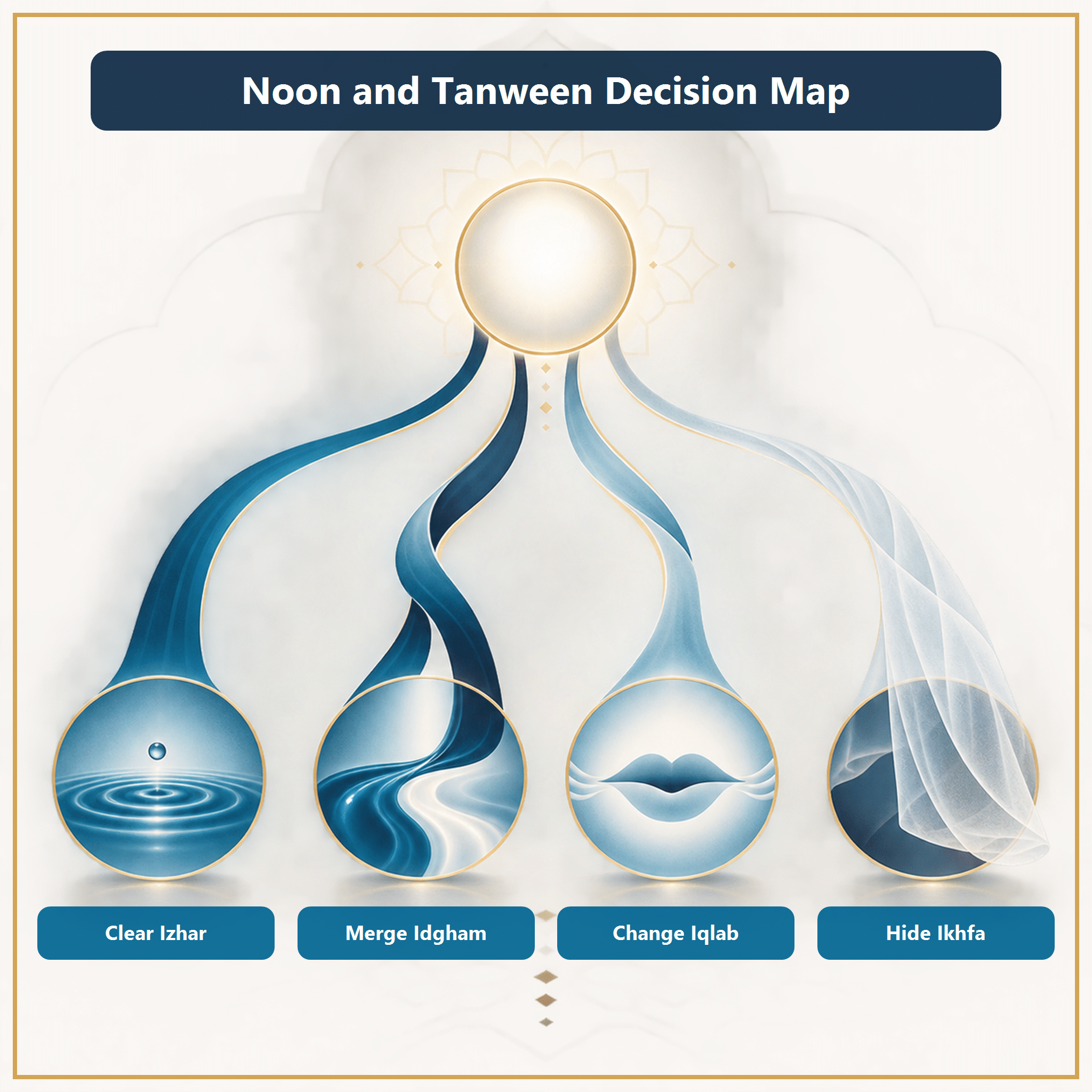 Branching illustration of the four Noon Sakinah and Tanween outcomes