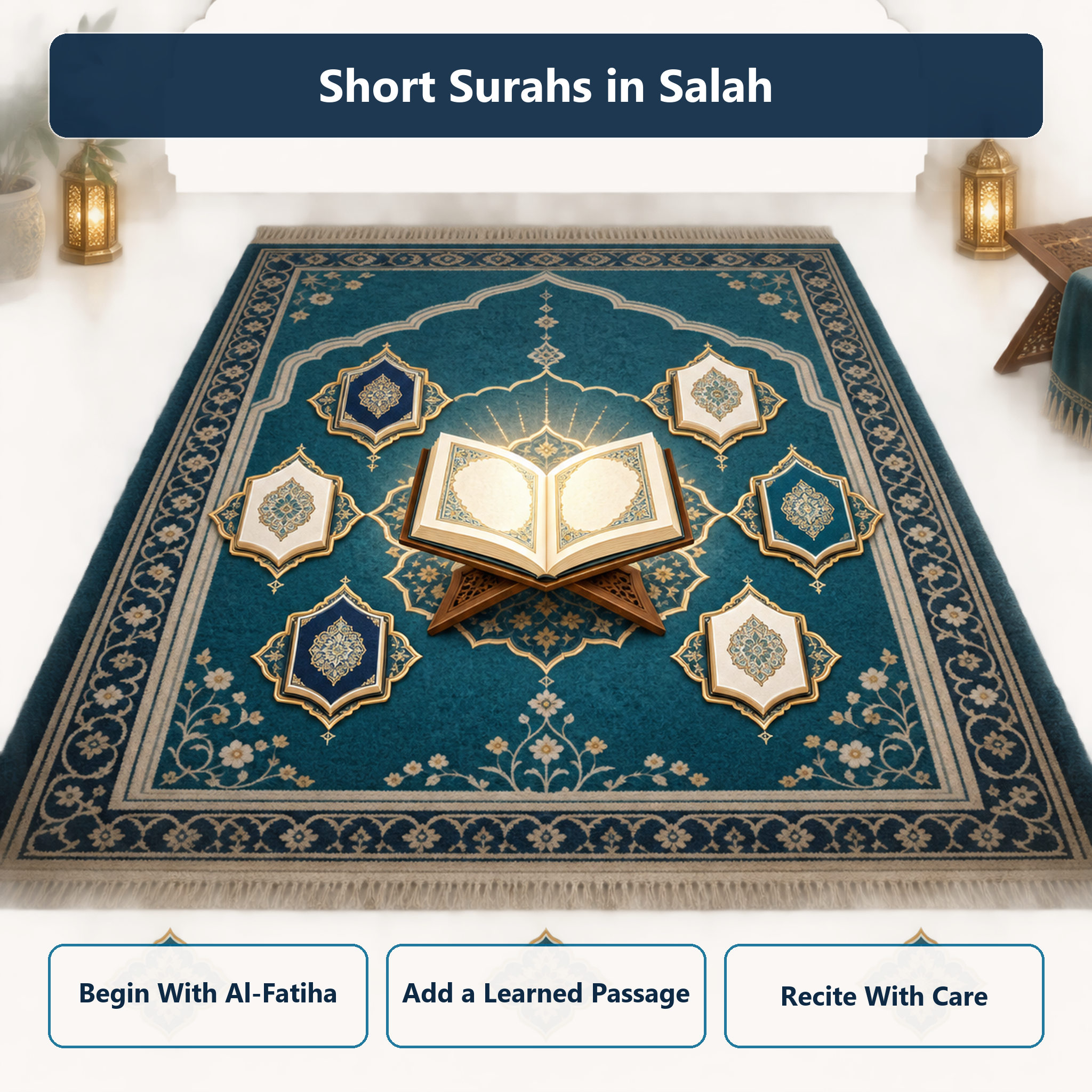 A non-figurative prayer illustration showing Al-Fatiha as the foundation and learned passages as a growing repertoire