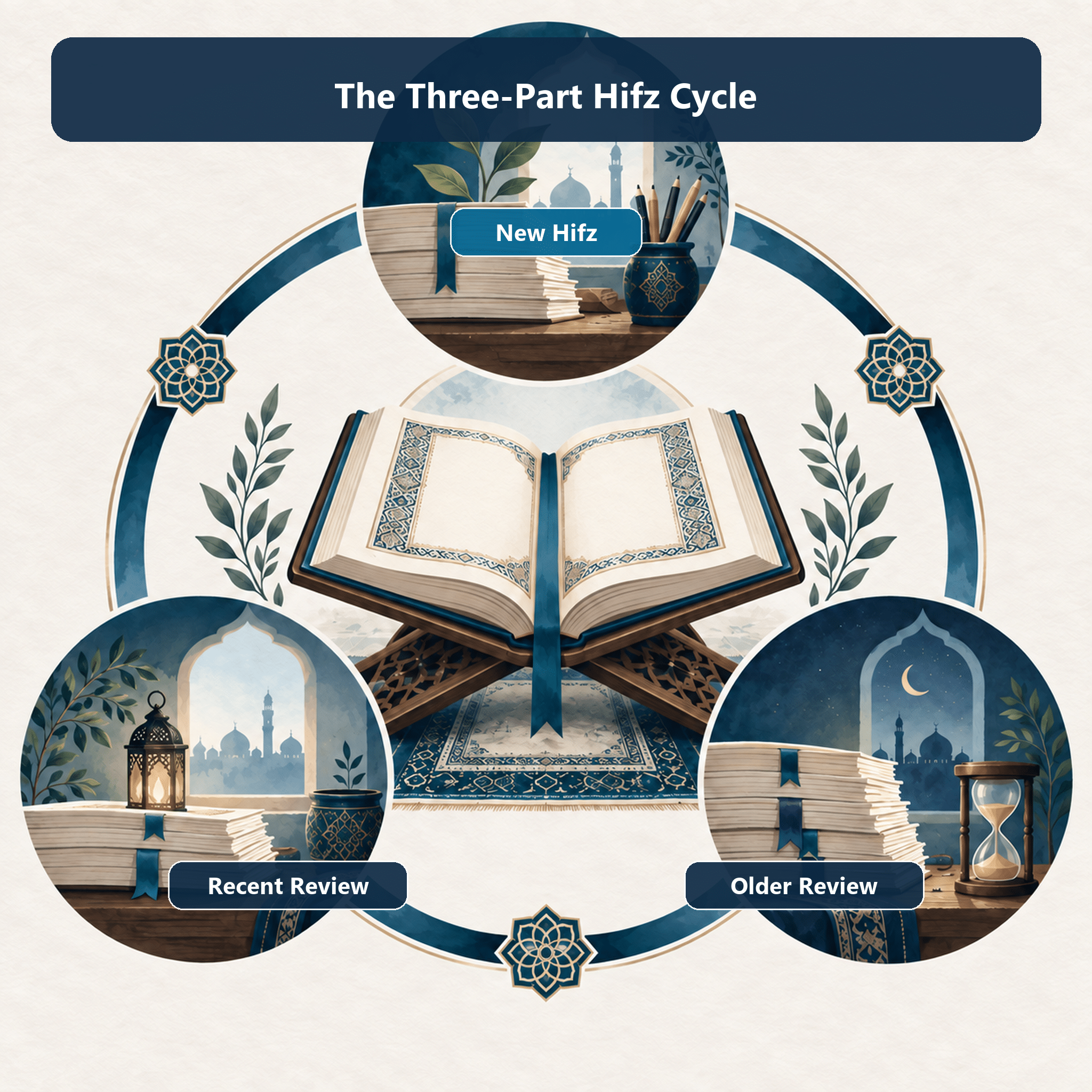 Illustration of the three-part Hifz cycle connecting new memorization, recent review, and older review
