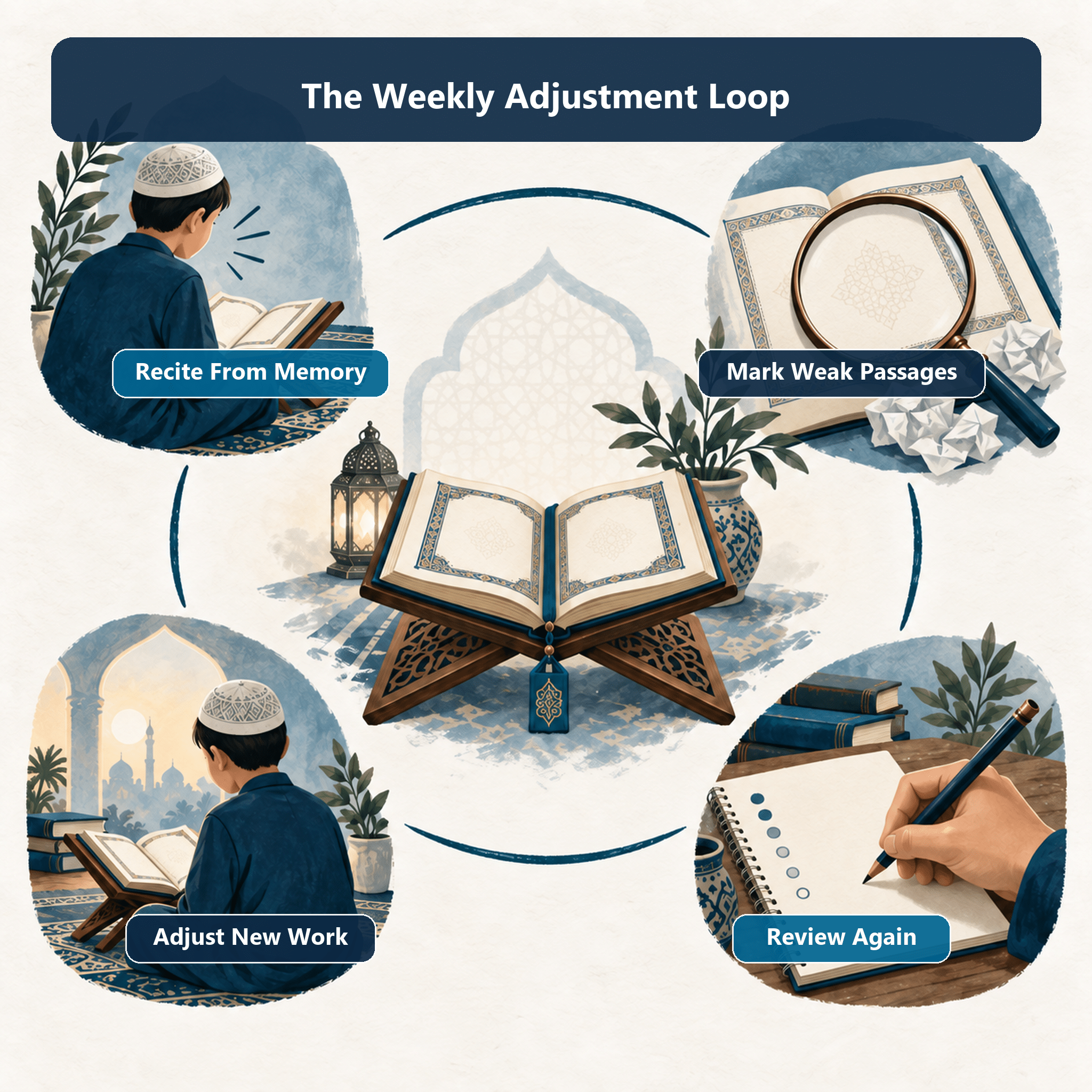 Illustration of the weekly Hifz adjustment loop from memory testing through review and schedule changes