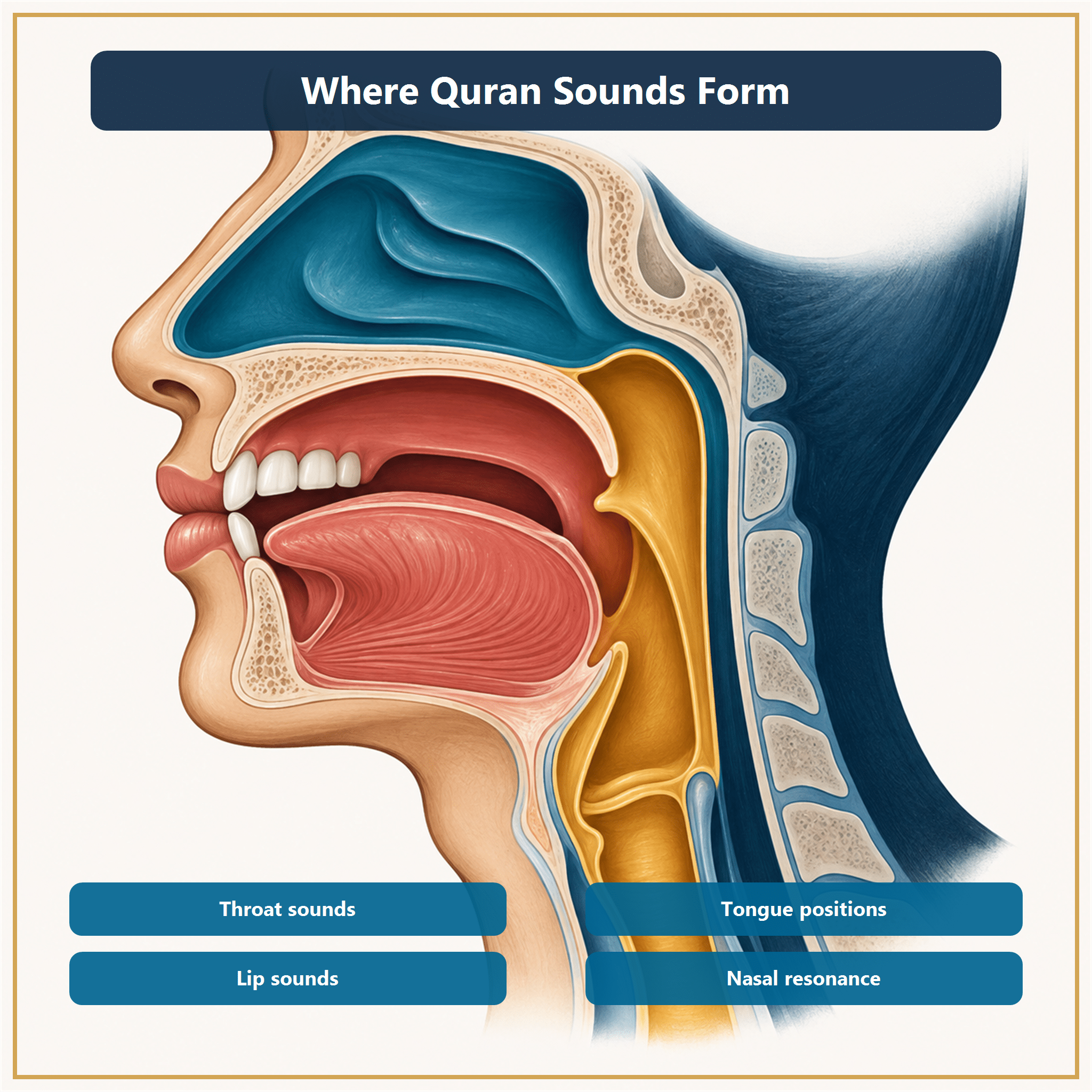 Editorial diagram showing the main vocal regions used in Quranic articulation