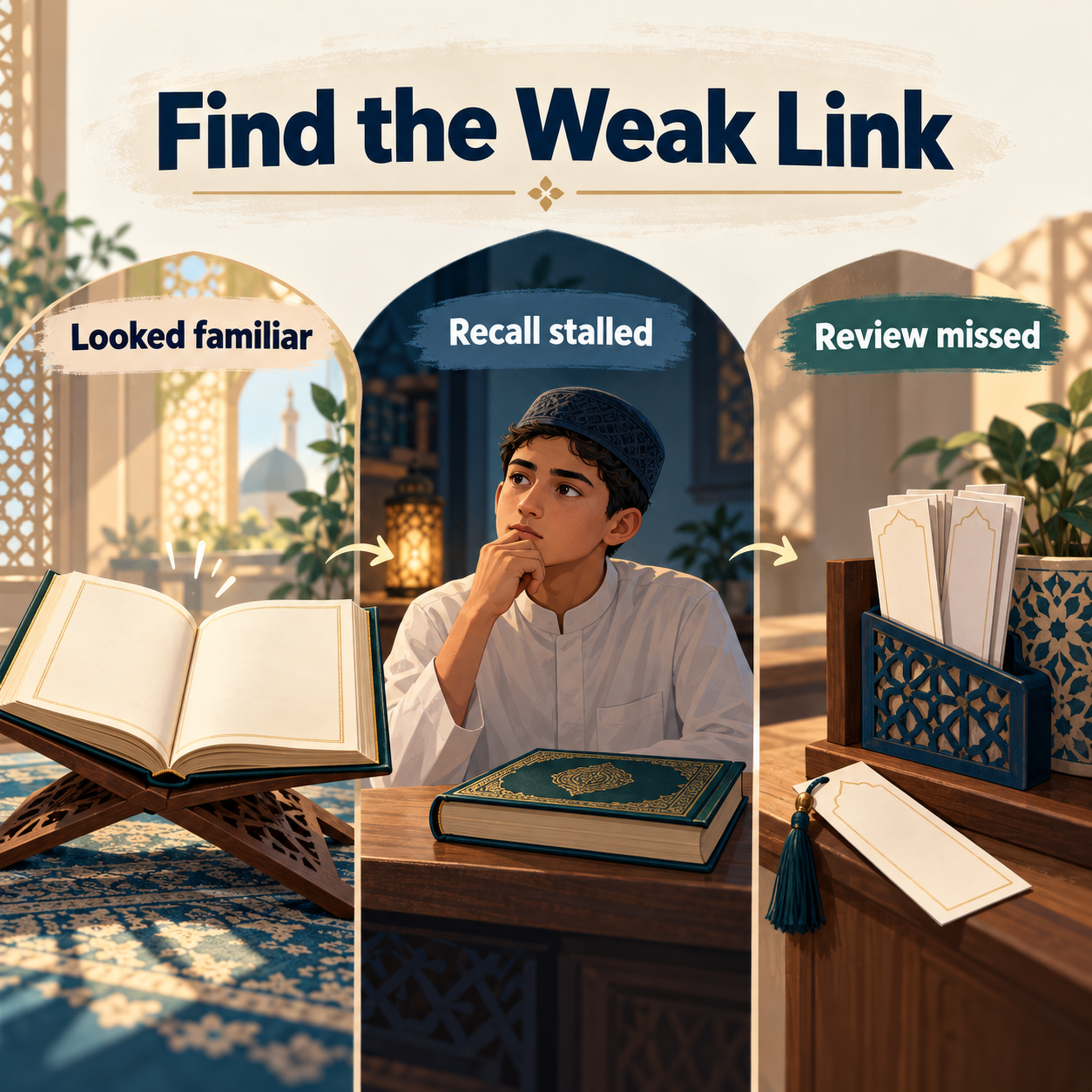 An illustrated comparison of familiar reading, stalled recall, and missed review.