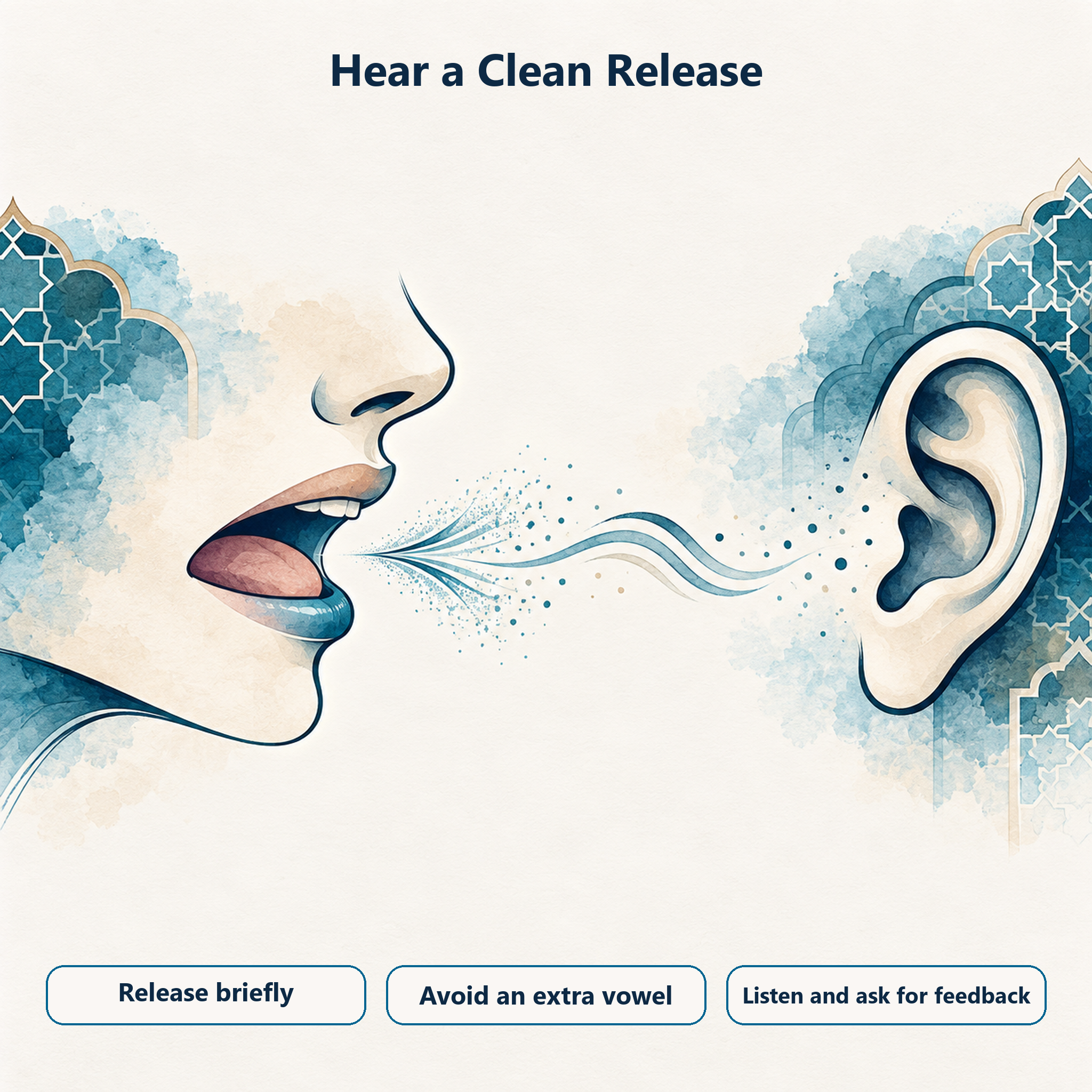 Listening cues for a brief Qalqalah release without an extra vowel