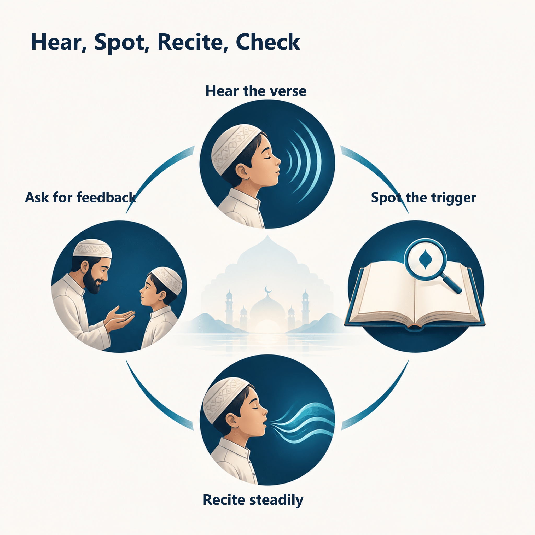Illustration of a four-part listening and recitation practice loop for ghunnah