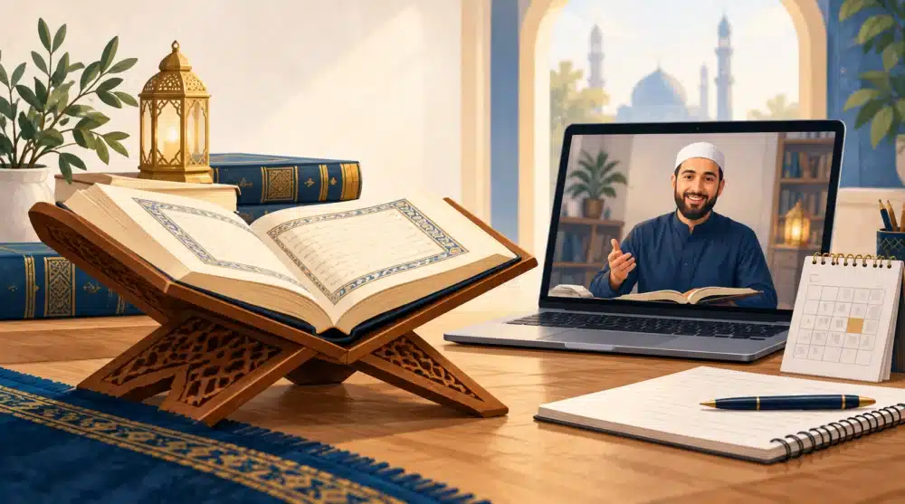 Quran study on a wooden book stand beside a laptop with an online tutor