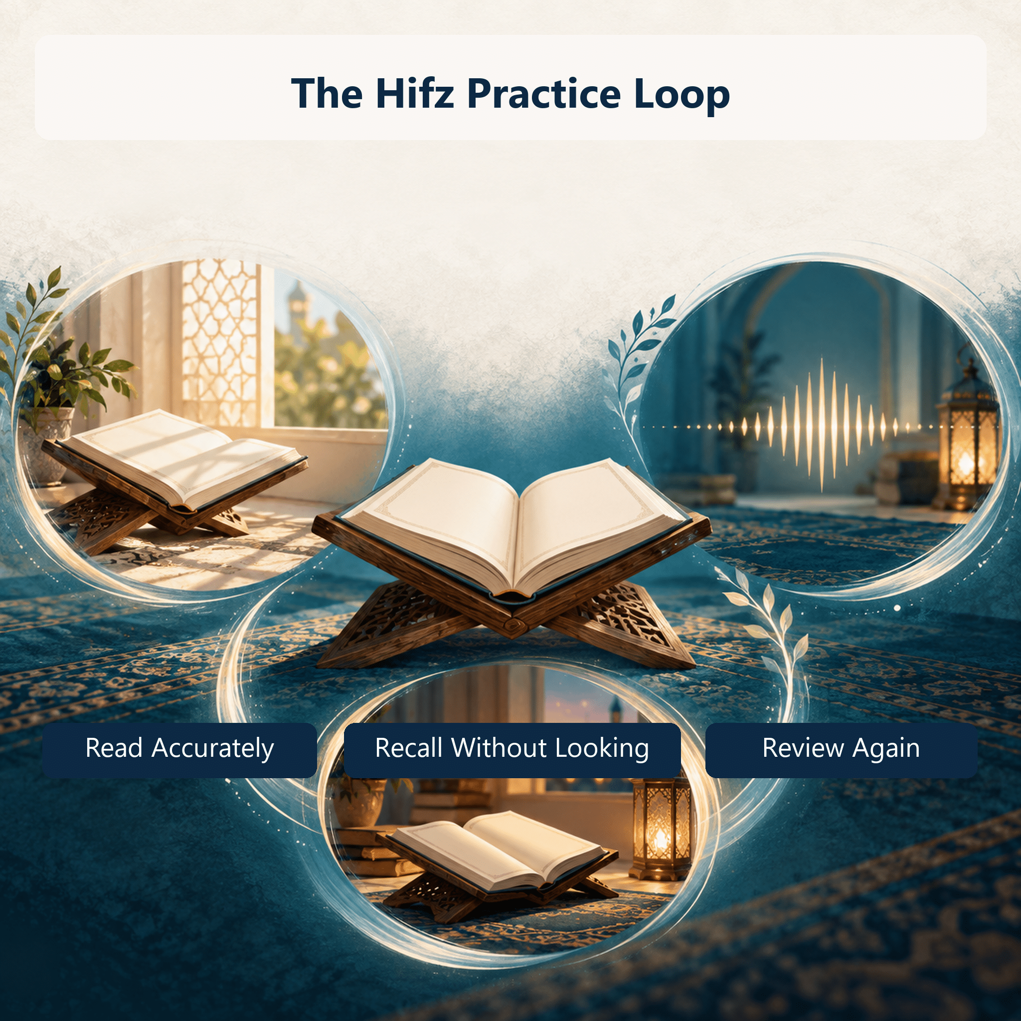 An illustrated loop linking accurate reading, recall, and later review.