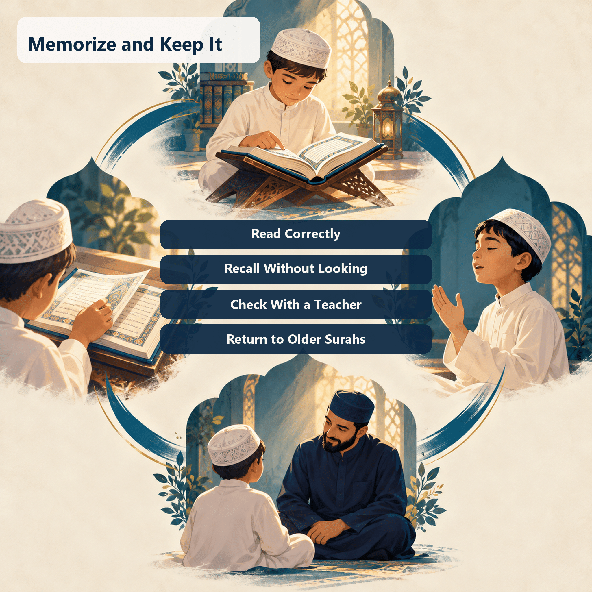 Illustrated loop showing correct reading, recall, teacher checking, and older-surah review