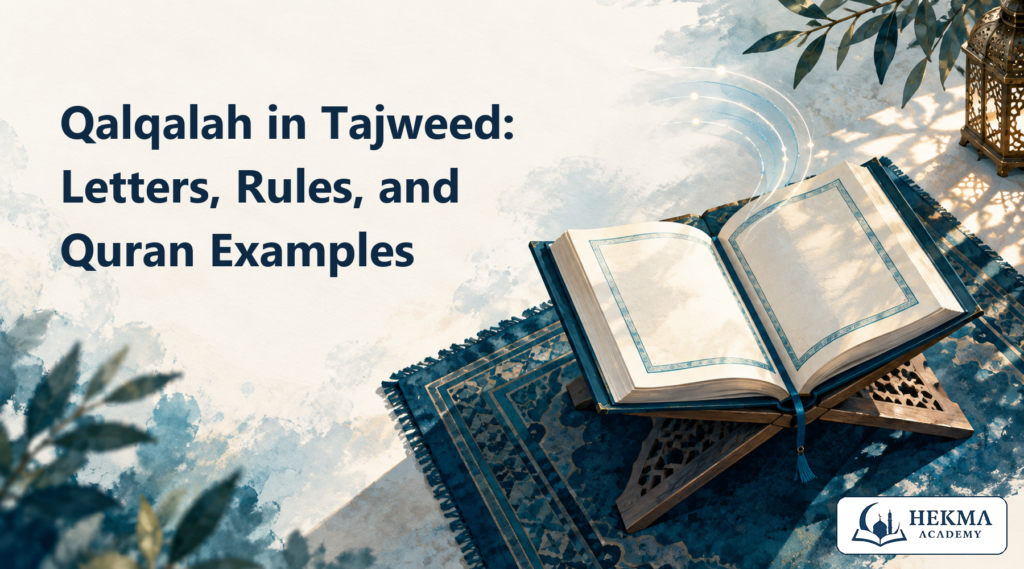 Open Quran on a stand with an abstract sound ripple for a Qalqalah guide