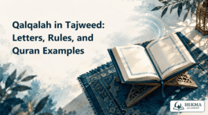 Open Quran on a stand with an abstract sound ripple for a Qalqalah guide