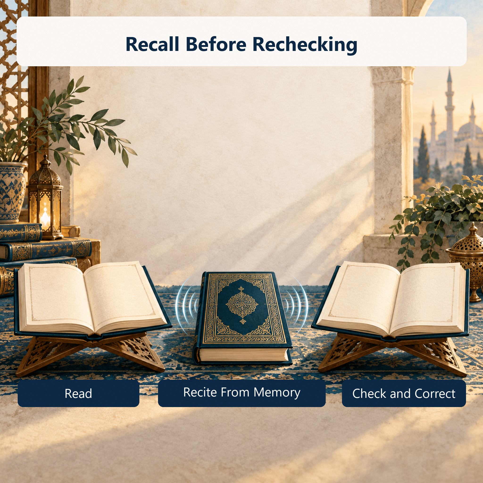 An open Mushaf, closed-book recitation, and checking sequence.