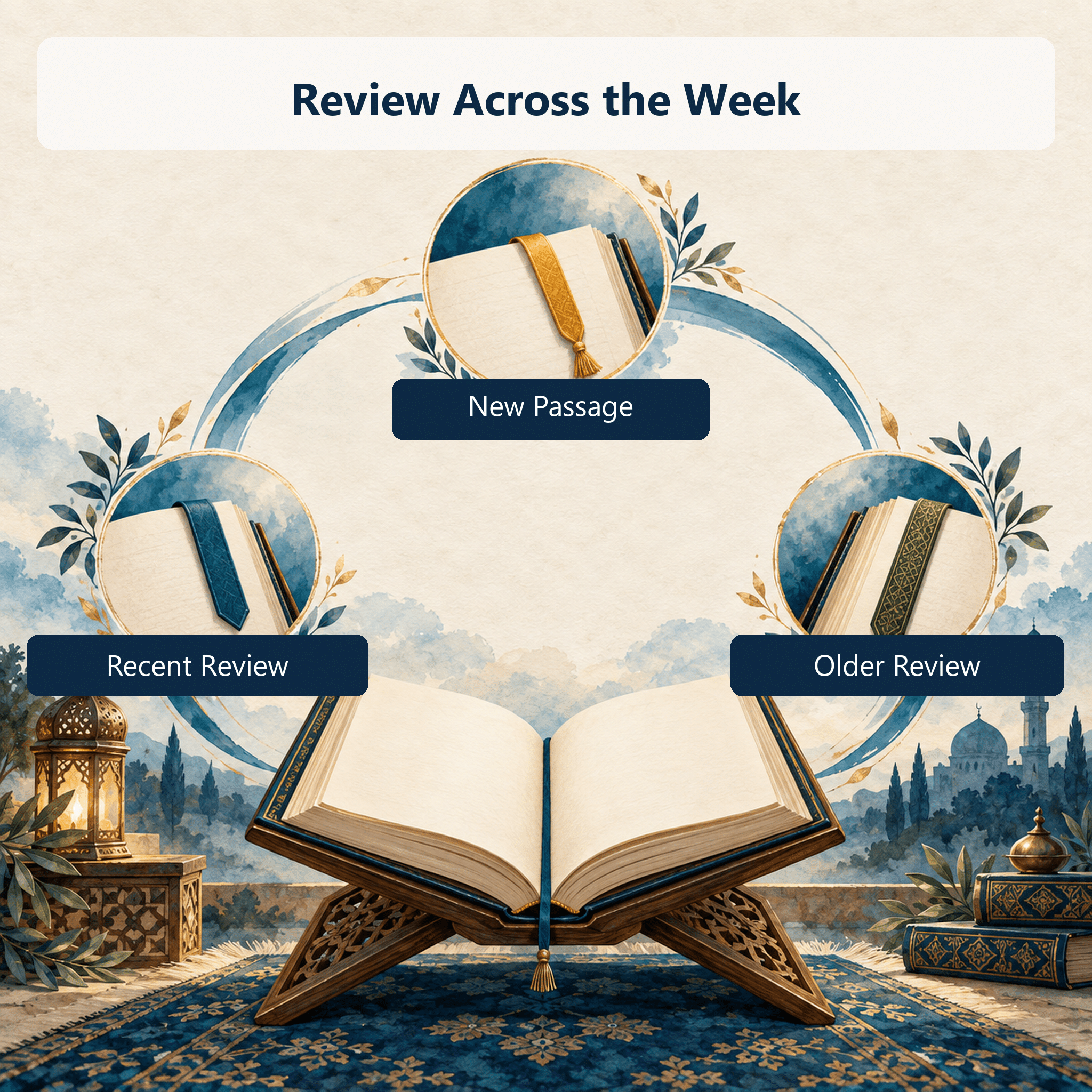 An illustrated rhythm for new, recent, and older Quran review across the week.