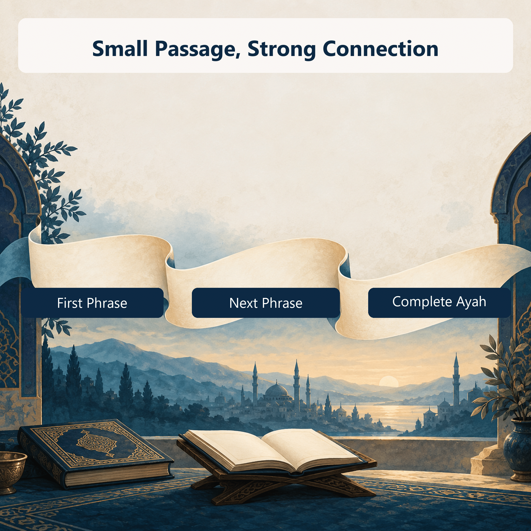 Three passage units joining into a complete ayah without showing fabricated Quran text.