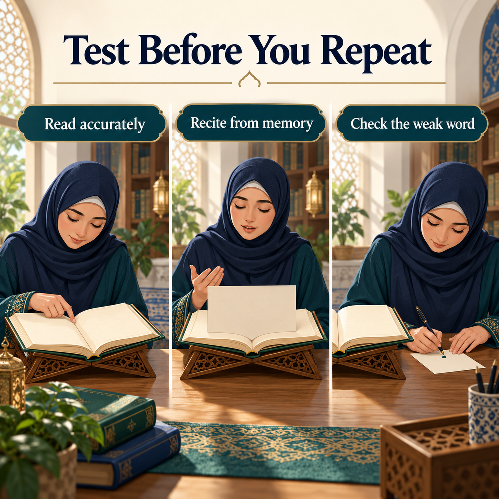 A learner reads an unlettered page, covers it, and checks a weak point after reciting.
