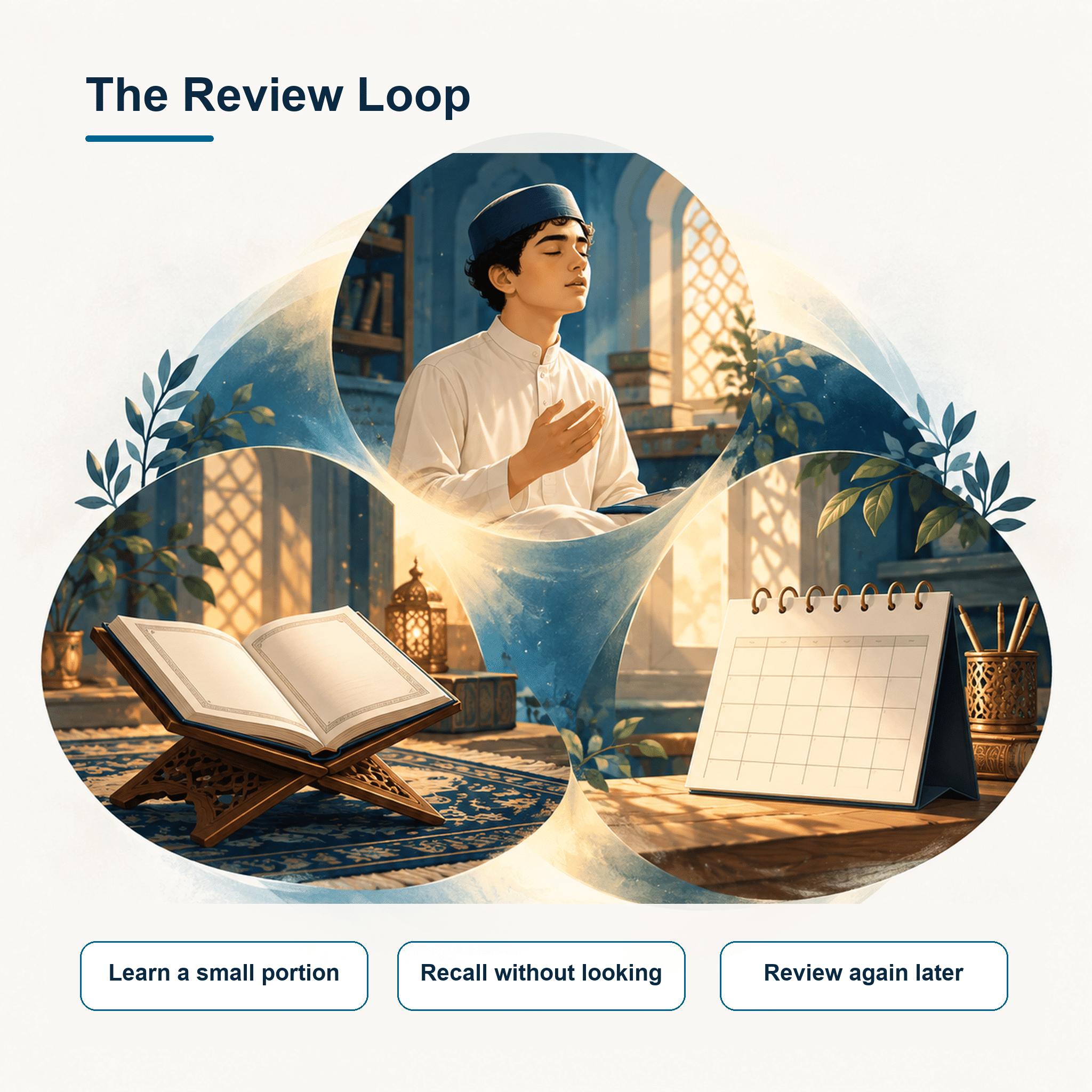 An illustrated review loop showing a small passage, recall without looking, and later review.