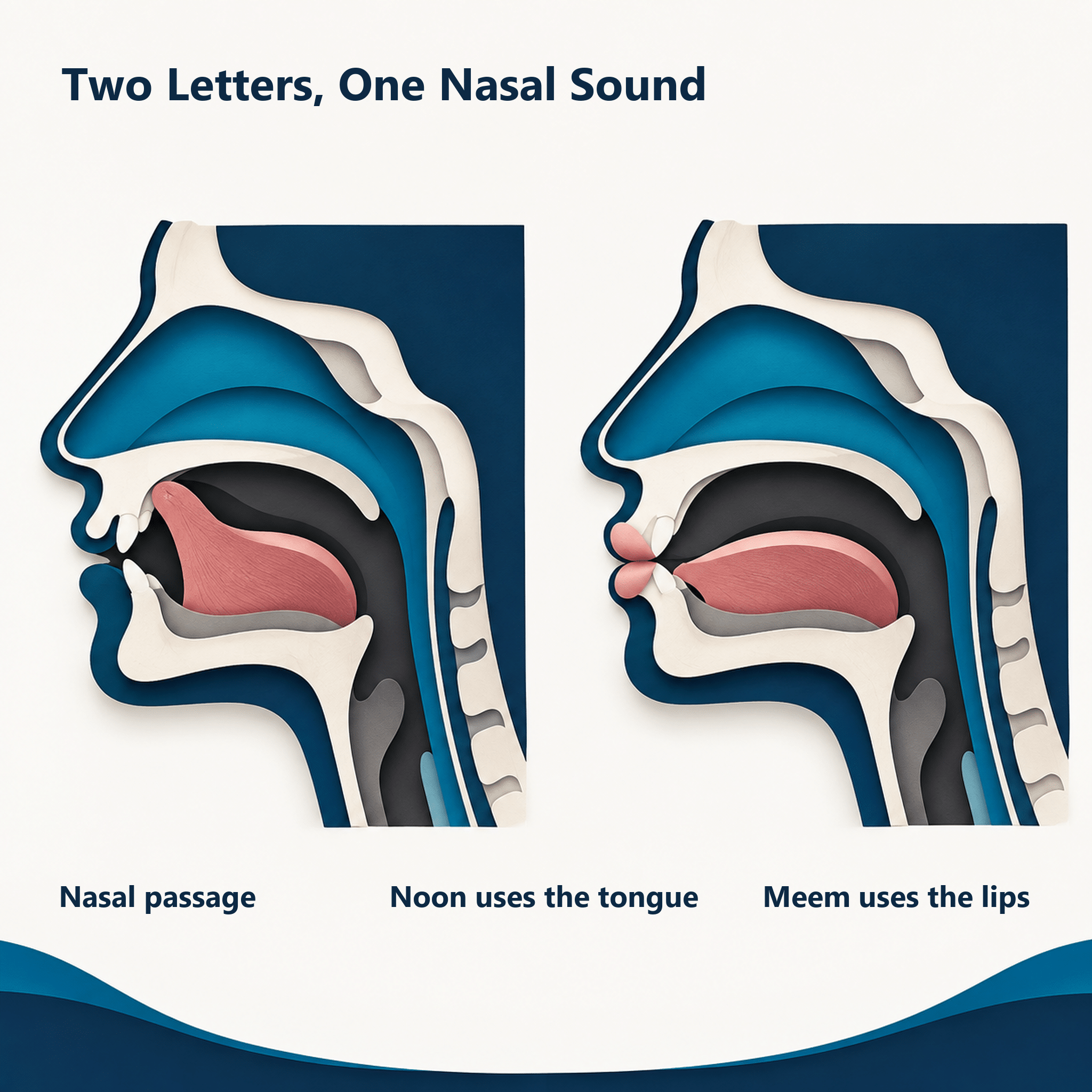 Illustration of the nasal passage and the different mouth positions for noon and meem