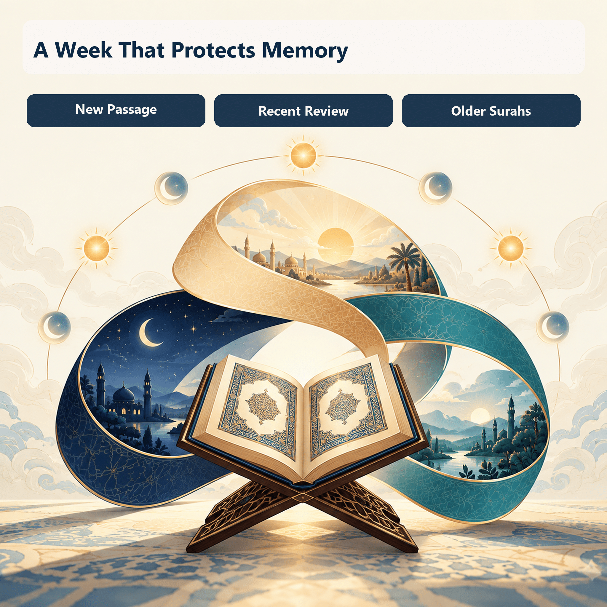Illustrated seven-day rhythm connecting new passages, recent review, and older surahs